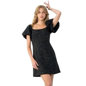 THML BLACK TWEED DRESS WITH CONTRAST PUFF SLEEVES